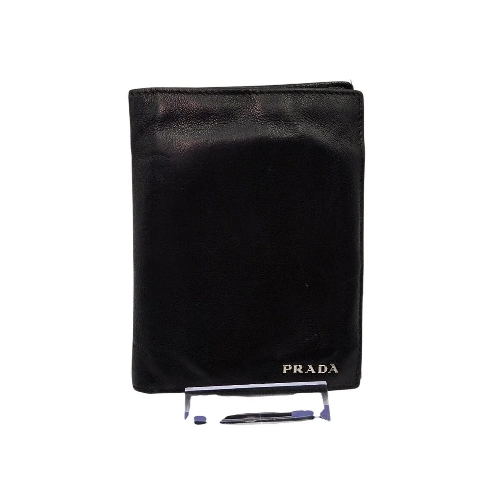 PRADA Black Leather Bifold Wallet Minimalist Slim Card Holder Authentic